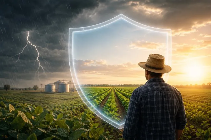 Produtor rural observando a plantação protegida entre tempestade e sol