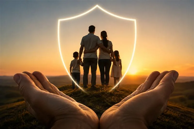 Família protegida por um escudo simbólico ao entardecer