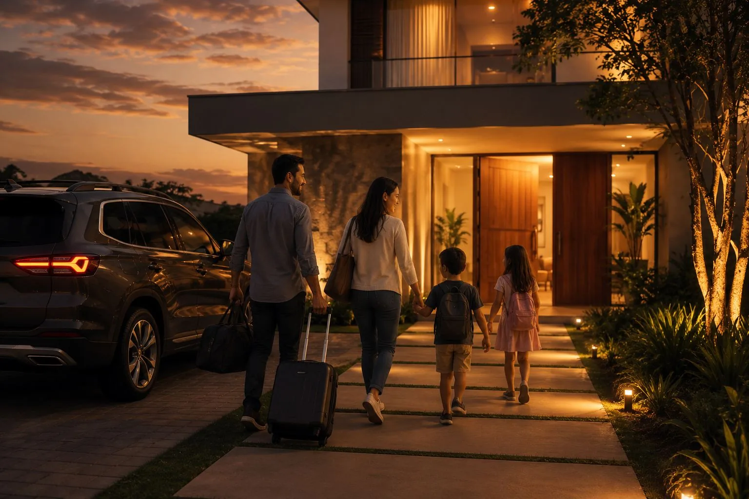 Família chegando em casa ao entardecer, tranquila e protegida